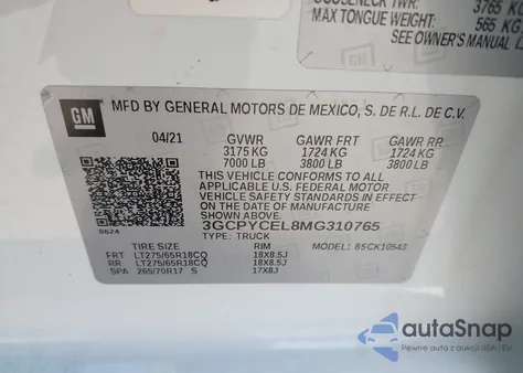 2021 Chevrolet Silverado 1500 4Wd Short Bed Custom Trail Boss z USA, uszkodzony, nr VIN 3GCPYCEL8MG310765